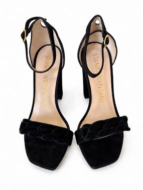Stuart Weitzman Black Suede Block Heel Sandals Braided Strap Ankle Heels 7.5